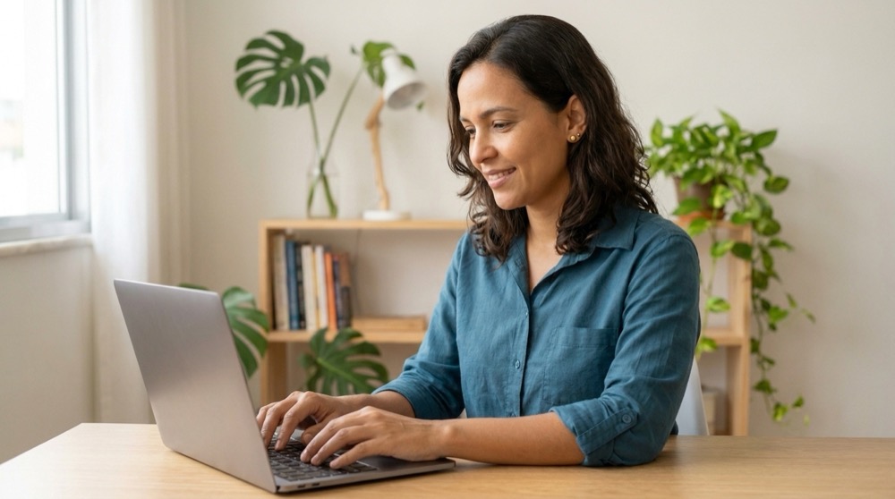 Carol, instrutora virtual do curso, no notebook